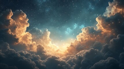 Dramatic cloudscape featuring golden light breaking through dark clouds beneath a starry night sky