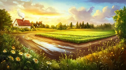 Vibrant Sunrise Over Serene Countryside with Lush Green Fields, Charming Cottage, and Tranquil Atmosphere in a Picturesque Landscape Setting