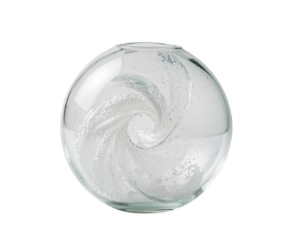 Captivating frozen sleet whirl trapped within a pristine spherical bottle showcasing nature's intricate beauty