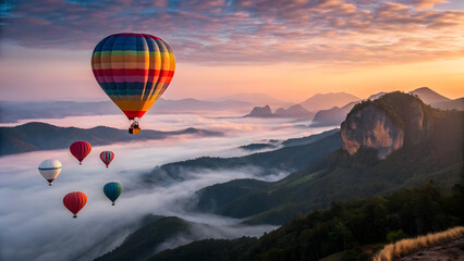 Fototapeta premium A breathtaking aerial scene at sunrise, featuring a fleet of colorful hot air balloons drifting gracefully over a misty mountain valley.