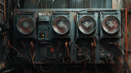 A close up of four industrial fans mounted on a wall with exposed wiring and control panels nearby