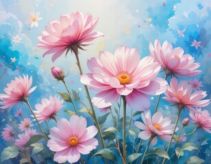 Una acuarela suave y onírica de flores de colores pastel, sobre un fondo sereno y romántico, con delicadas pinceladas y una sensación de luz etérea