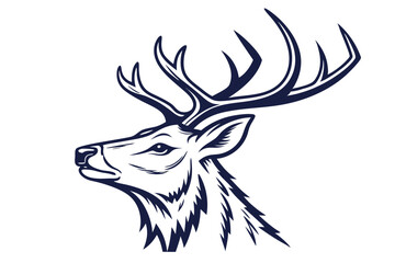Majestic deer stag head with detailed antlers looks left in a stylized, simple drawing