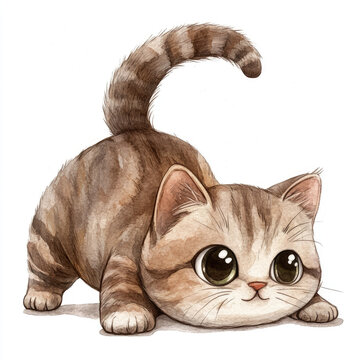 Playful chibi cat stretching with its tail curled up