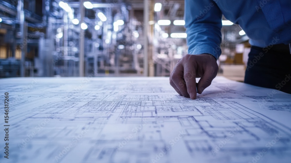 Poster engineer reviewing technical blueprint in industrial setting with machinery background