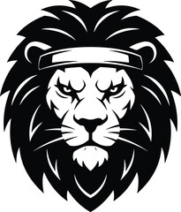 Fierce lion head vector illustration with crown-like mane, bold line art, perfect for logos, tattoos, emblems