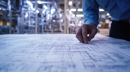 Engineer Reviewing Technical Blueprint in Industrial Setting with Machinery Background