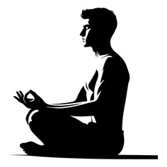 Black and white silhouette of a man sitting in the lotus position during meditation side view on a white isolated background. Vector graphics. EPS.