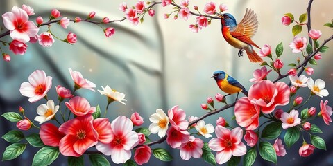 Delicate silk scarf coupon featuring vibrant blossom garden flowers and graceful birds, silk scarf, garden