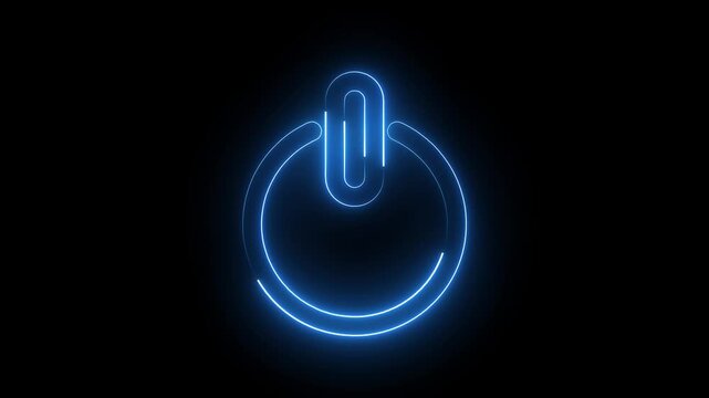 Neon glowing power button icon animated on a black background. Glowing neon power icon sign with neon circle animation. Neon power reset button sign animation.