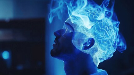 Man with digital brain overlay in blue light representing artificial intelligence concept image design