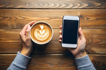 Woman's hands holding latte art coffee and smartphone on wood