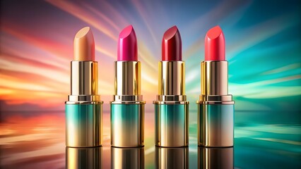Four luxury lipsticks with gold and teal tubes against a sunset backdrop