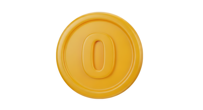 Golden coin with zero 3d rendered isolated on transparent background