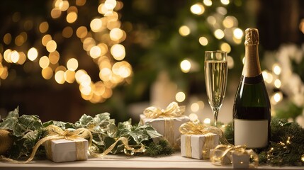 Festive holiday setup with glowing lights, wrapped gifts, and champagne on an elegant table, celebrating warmth and joy