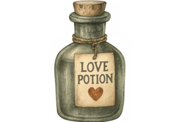 Vintage glass love potion bottle with cork lid, hand-drawn illustration featuring heart-adorned label against transparent backdrop