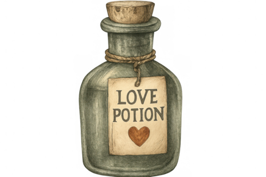 Vintage glass love potion bottle with cork lid, hand-drawn illustration featuring heart-adorned label against transparent backdrop