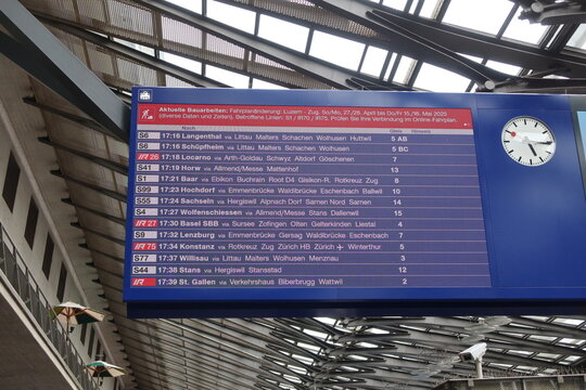Train Timetable at SBB Luzern Station in Luzern Lucerne, Switzerland. May 8. 2025