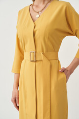 Yellow dress with long sleeves features a belted waist and V-neckline. A womans hand is placed on...