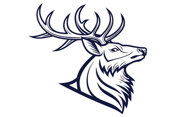 A powerful stag head with large antlers faces right in a stylized monochrome drawing