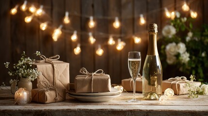 Festive holiday setup with glowing lights, wrapped gifts, and champagne on an elegant table, celebrating warmth and joy