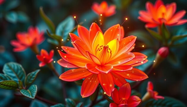 Futuristic floral HUD overlay on blooming biotech plant, glowing vibrant colors,   modern,   hologram