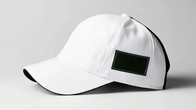 White baseball cap with a green patch displayed on a neutral background, ideal for fashion shoots