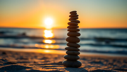 Obraz premium Serene Sunset Beach Balanced Stones at Golden Hour