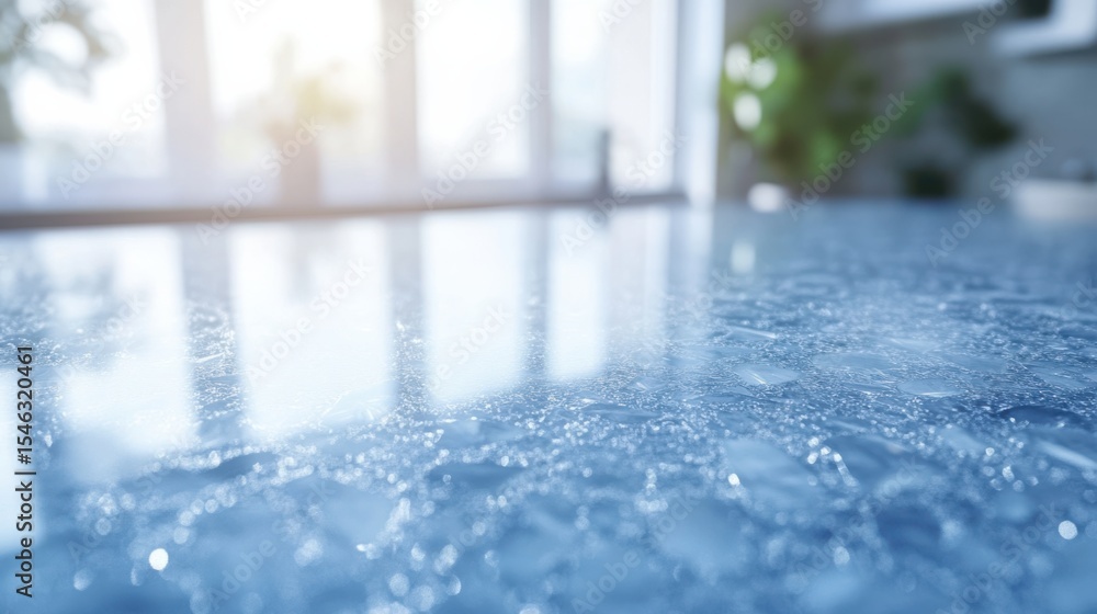 Poster reflections on smooth surface with bokeh highlights and natural light in modern space