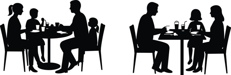 Family dinner silhouette, parents with children at table, eating together, family mealtime vector illustration, bonding moment, black and white design