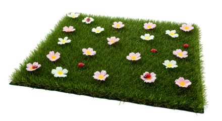 Artificial grass with flowers and ladybugs 3d rendered isolated on transparent background