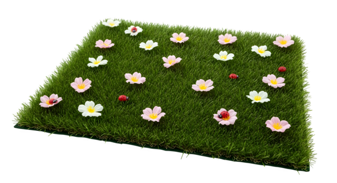 Artificial grass with flowers and ladybugs 3d rendered isolated on transparent background