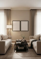Living room with two sofas and blank framed posters 3d render living room mockup