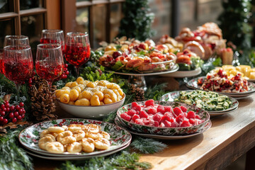 Obraz premium A festive table decorated in Christmas or New Year style, with a variety of dishes and drinks 