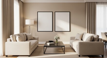 Living room interior with blank posters 3d render living room mockup