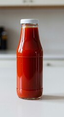 Homemade Tomato Sauce in Glass Bottle on Kitchen Counter