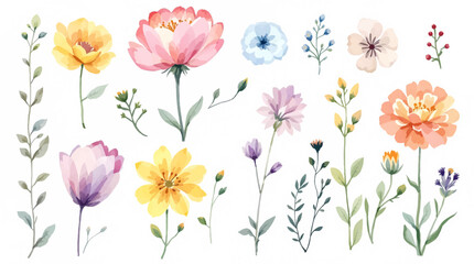 Set of spring flowers, set of flowers, Colorful spring flowers, Set of watercolor flowers, Clipart watercolor flowers	
