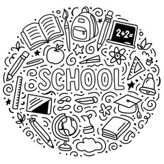 School doodle illustration with books, pencils, backpack, chalkboard, globe, ruler, bell, graduation cap and hand drawn education elements