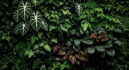 Full shot from a slightly elevated angle showing a lush vertical garden rich in green foliage, featuring varied textures, heart-shaped leaves with white veins, and soft, low-key lighting.
