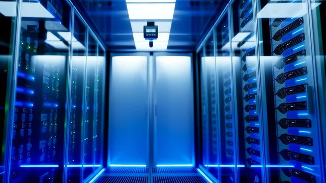 Ghostly figure materializing in neon-lit server room - Powered by Adobe