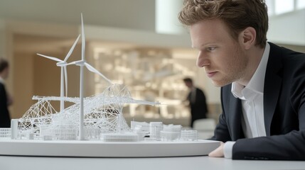 Young architect examining a detailed architectural model featuring wind turbines and futuristic structures in a modern workspace with bright lighting