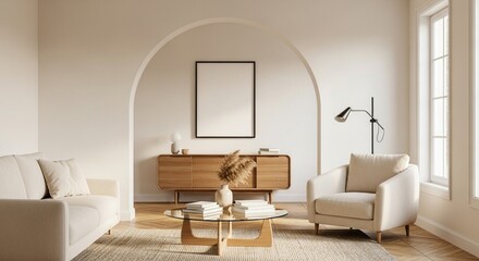 Modern living room interior with blank poster 3d render living room mockup