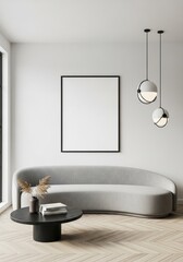 Living room with blank poster and modern sofa 3d render living room mockup