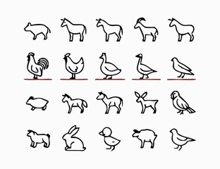 Fototapeta premium black and white Farm Animal Icon Set – Minimalist Line Art Illustrations of Domestic Livestock and Poultry for Agriculture, Education, and Graphic Design Projects.
