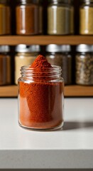 Paprika Spice in Glass Jar Against Blurred Spice Rack Background