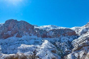 snow covered cliffs of Gnishik gorge scenic view from Noravank monastery (Vayots Dzor, Armenia)