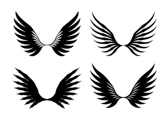 Naklejka premium Collection of four stylized black wing silhouettes isolated on a white background representing freedom and power