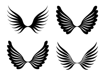 Obraz premium Four stylized black silhouette angel or bird wings designs displayed in a grid on a white background vector art
