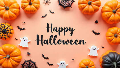 Cute Halloween doodles of pumpkins, bats, spiders, and ghosts on a pastel background with "Happy Halloween" text.
