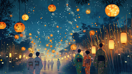 Obraz premium 星降る参道に灯る七夕の夜